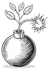 Plant sprouting from a lit bomb symbolizing growth and danger concept illustration