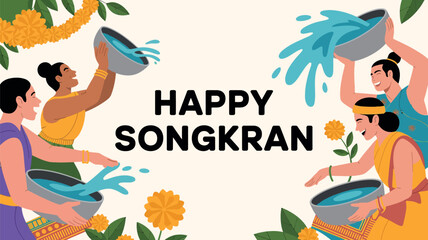Happy Songkran Festival Greeting with People Pouring Water and Floral Accents