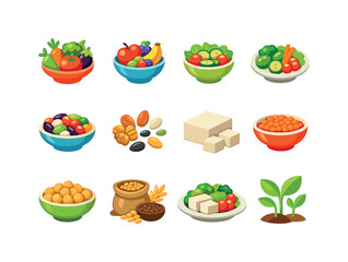    Plant based diet. Colorful flat vector icons set of plant based diet: mixed vegetables, fruit bowl, green salad, veggie plate, plant protein