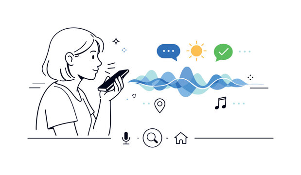 Voice Assistant Interaction. Voice assistant interaction. A person speaking to a smartphone with gentle audio waves and response icons, focused and effortless