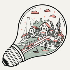 Miniature City Inside Light Bulb Innovation Concept