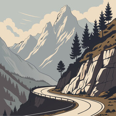 Mountain pass with a curved road, adventure, travel, and scenic route.