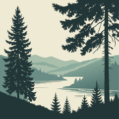 Mountain lake surrounded by forest outlines, serene natural reflection.