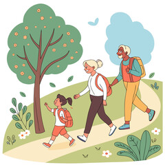 Multi-generation family walking happily in park, bonding and outdoor activity.