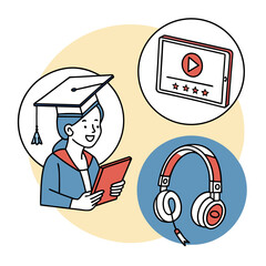 Online education icon set: tablet, graduation cap, for learning and success.