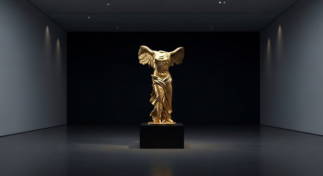 Golden Winged Victory of Samothrace Sculpture in Modern Museum Gallery.