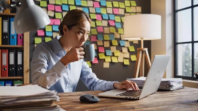 Asian Woman Working on Laptop in Office Environment.