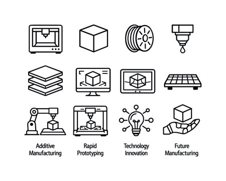 3D Printing Icons. 3D Printing Developments. Line icon set of 3D Printing Developments: 3D printer machine, printed cube, filament spool, printing nozzle,