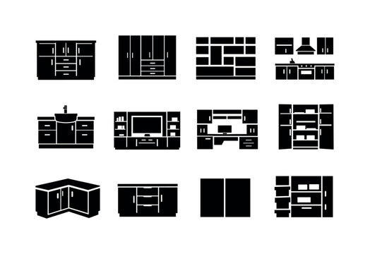 Custom cabinetry. Solid icon set of custom cabinetry: custom cabinets, fitted cupboards, bespoke shelves, built-in kitchen cabinets, bathroom