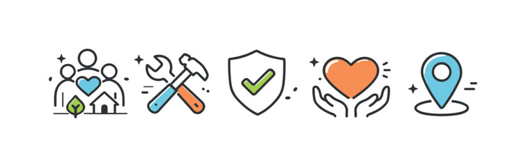 Local resilience toolkit icons. A clean set of line icons showing community support, tools, shield, heart, and location pin. Visual metaphor