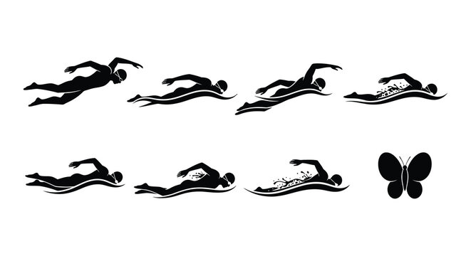 Swimmers in motion and a butterfly illustration in black silhouette