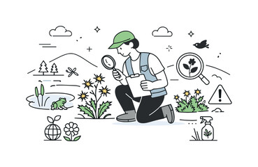 Invasive species management. Environmental specialist monitoring non-native plants in a natural landscape, calm and focused conservation