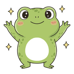 Fototapeta premium Cute Happy Frog Cartoon Illustration Vector Smiling Amphibian Character Sitting on Lily Pad Funny Animal Mascot Flat Design Isolated on White Background Clipart. Happy Frog Vector Illustration.