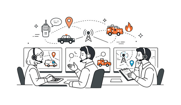 Emergency response units coordinating. Dispatch center scene with operators monitoring screens and communicating with field teams. Focused