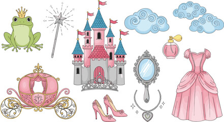 Princess fairytale vector set featuring pink castle, magical carriage, glass slippers, crown frog prince, magic wand, ball gown, and royal mirror accessories. © MdEmdadul