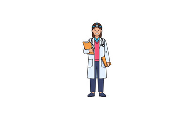 Obraz premium Physician Wearing Headlamp Holding Medical Clipboard Vector Illustration