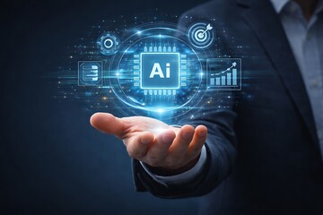 Fototapeta premium Businessman presenting artificial intelligence concept with glowing AI chip technology