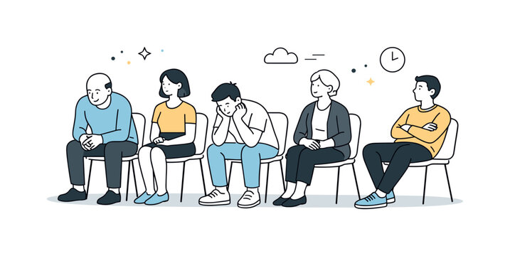    People waiting without phones. Several individ