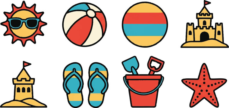 Beach icon set sun ball sandcastle flip flops bucket starfish