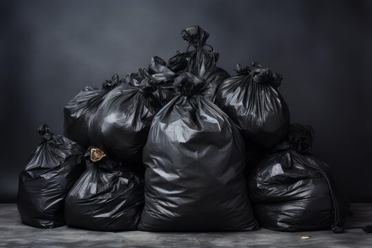 Black garbage bags creating a large waste pile against a dark background