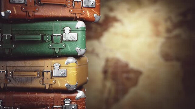 Stacked vintage suitcases with a world map on a background. Travel and tourism concept.