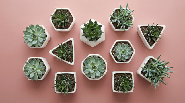 Minimalist Succulent Arrangement Flat Lay Pastel Tones. Overhead composition of varied succulents in geometric white planters on soft pink background, modern clean aesthetic