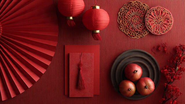 Chinese New Year Red Decorative Items and Fruits.