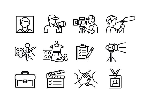    Cast and Crew. Line icon set of Cast and Crew: actor portrait, director silhouette, camera operator, sound engineer, makeup artist, costume