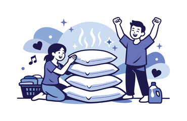 Fluffed Clean Pillows. Laundry day finish. Fresh pillows stacked after fluffing, steam lines and sparkles