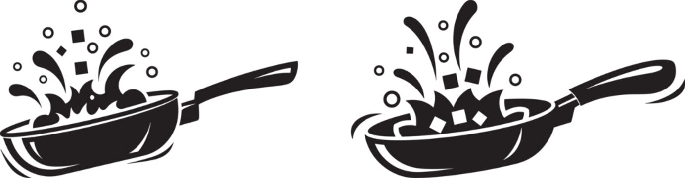 Black and white icons of frying pans with food splashing out, representing cooking and preparation.