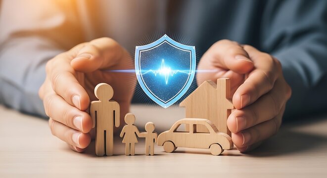 Hands protecting family, car, and house icons with shield and heartbeat