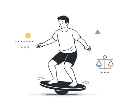   Balance training on unstable surfaces. Person standing on a balance board with arms slightly out, focused posture and calm concentration,