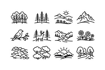 Obraz premium Aspen Nature. Line icon set of Aspen Nature: aspen tree grove, pine forest, alpine meadow, mountain peak, bird in tree, deer in woods, river