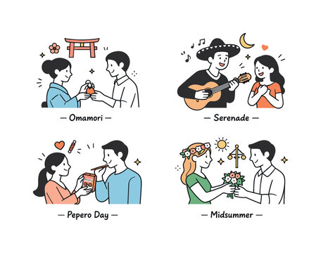Cultural Dating Exchanges. Dating traditions across cultures. Simple characters exchanging gifts, messages, or gestures that differ by culture, calm and