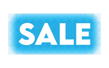 Blue glowing sale sign with white bold text on white background.