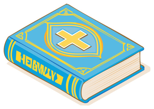 Closed Antique Blue Holy Book with Golden Cross Symbol Isometric Vector Illustration