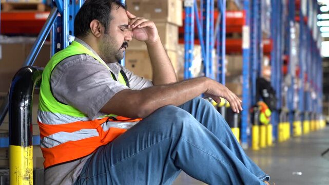 Stressed Indian man worker sitting and shaking head in despair at warehouse. Exhausted South Asian employee praying or pleading for help. Factory burn out, job loss anxiety, economic crisis