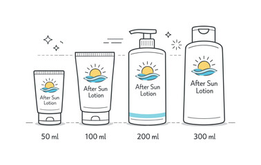 After sun lotion. Lotion bottles arranged in a neat row showing different sizes. Clean product comparison and clarity, supported by simple