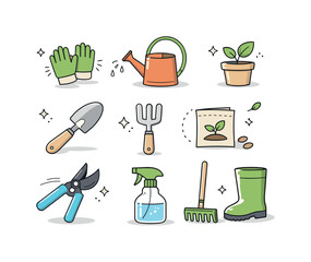 Minimalist Gardening Tools. Spring gardening tools for editorial use. Individual tools are shown as clean, simplified objects, evenly spaced and easy to