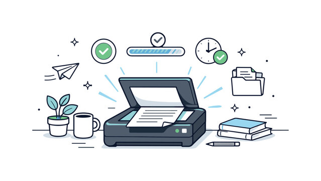Scanning paperwork. A calm office desk with a scanner actively processing papers, gentle light beams and progress icons showing smooth