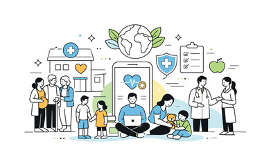 Naklejka premium Future of Healthcare. Affordable healthcare for the future. A hopeful editorial scene with families and individuals supported by clinics, digital tools, and
