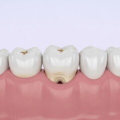 Tooth row healthy, stained, and decayed teeth set in pink gums, purple bg