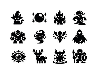 Mythical creatures. Solid icon set of magical beings: wizard familiar, spirit orb, elemental fire being, water elemental, earth elemental,