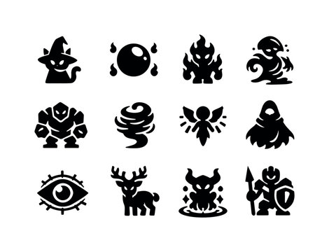 Mythical creatures. Solid icon set of magical beings: wizard familiar, spirit orb, elemental fire being, water elemental, earth elemental,