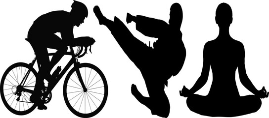 Sport fitness activity cycling karate yoga silhouette set © hafsa