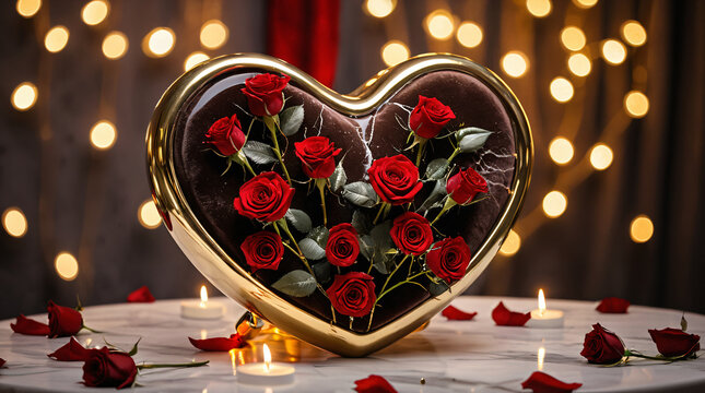 Herzf&ouml;rmiges Gesteck mit roten Rosen und Kerzen f&uuml;r Valentinstag oder Hochzeit