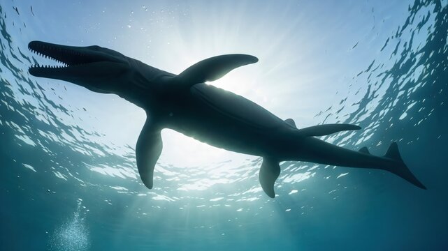 Prehistoric Pliosaur marine predator silhouette swimming underwater in Mesozoic sea with sun rays