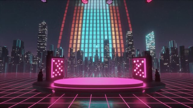 Virtual Concert Stage with Massive Spectrogram Projection. Metaverse Cityscape & Digital Worlds. A wide view of a virtual concert stage in the Metaverse.
