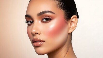 Fototapeta premium Close-up portrait of a beautiful young woman with radiant makeup, featuring rosy blush and glowing skin, looking directly at the viewer.