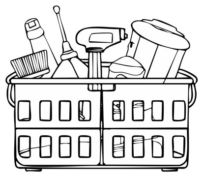 Cleaning supplies assortment in a caddy including spray bottle brush and mop illustration